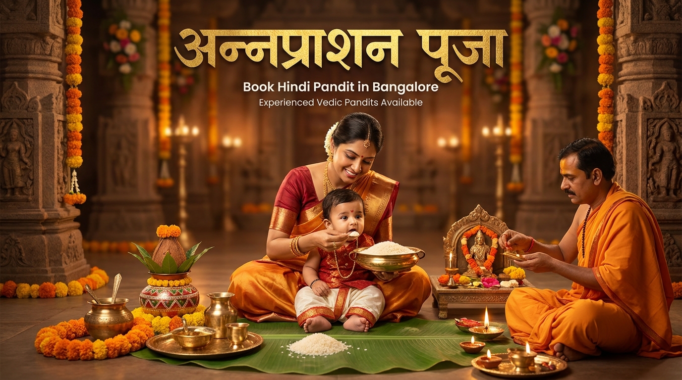 Hindi pandit in Bangalore guiding Annaprashan ceremony in Marathahalli