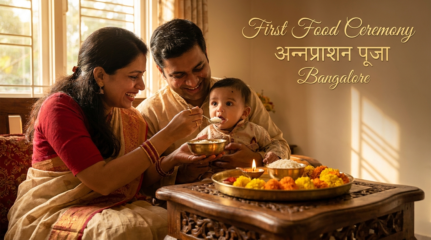 Parents feeding baby during Annaprashan Puja in Bangalore in Bellandur