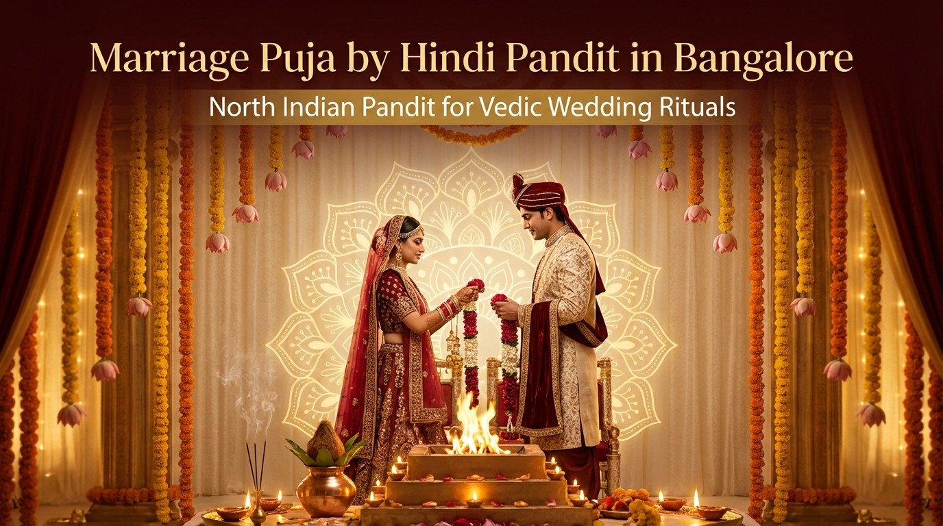 Marriage Puja Bangalore with bride and groom and Hindi wedding pandit in Whitefield