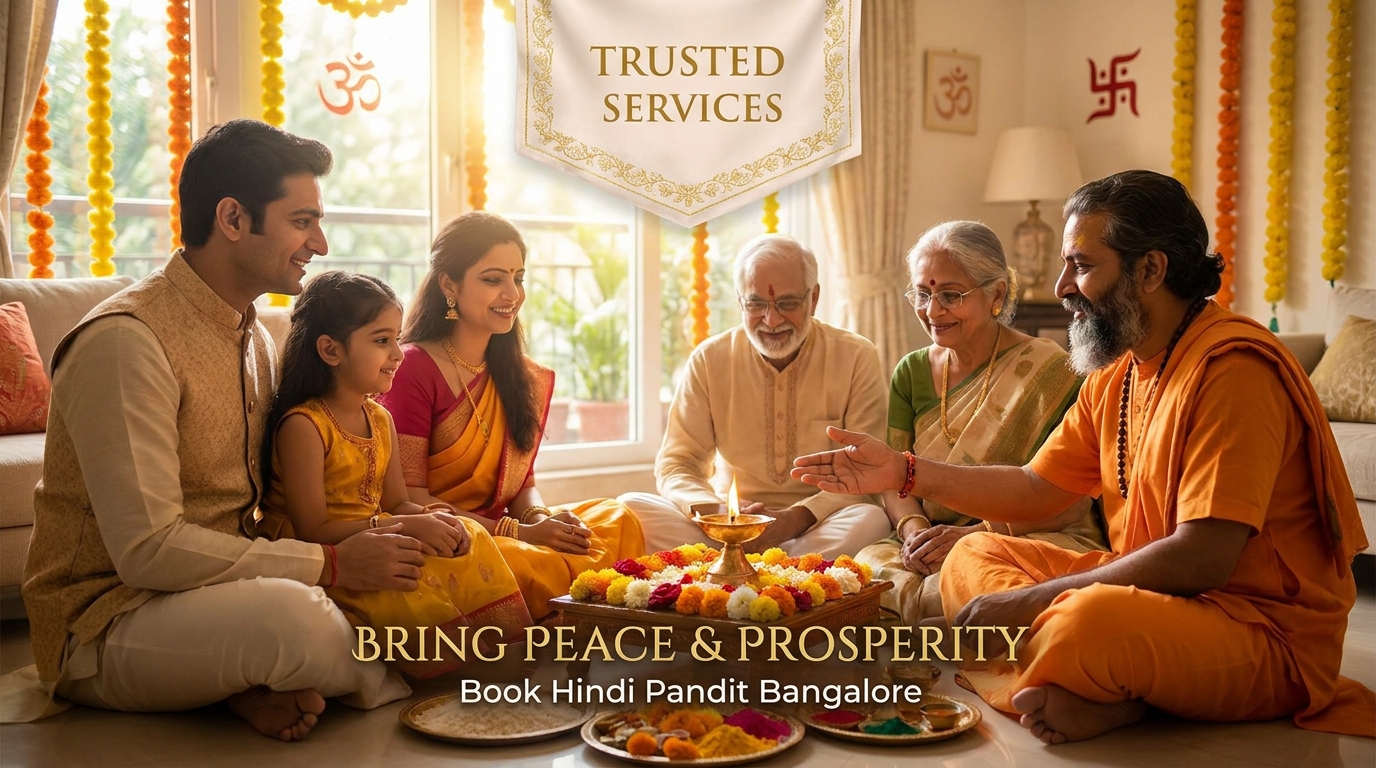 Family with pandit during Navagrah Shanti puja in Bangalore in Bannerghatta Road